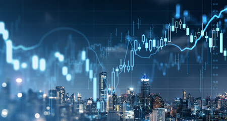 Bangkok skyline, forex diagrams and stock market data with lines and dynamics