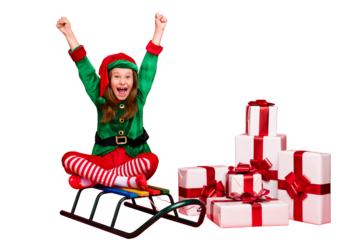 Portrait of her she nice attractive cheerful overjoyed pre-teen elf Santa Claus look sitting on sled lotus pose position rising hands up rejoice isolated over bright vivid shine red background