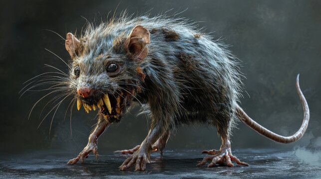 Highly Detailed and Scary Illustration of an Ugly Rat with Exaggerated Features, Including Patchy Fur, Crooked Teeth, and a Sinister Expression