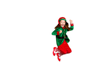 Full length body size view of nice attractive cheerful cheery funny funky overjoyed small little pre-teen elf having fun rejoicing isolated over bright vivid shine red background