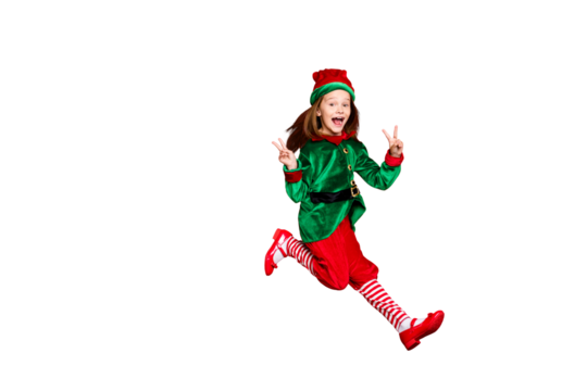 Full length body size view of nice attractive cheerful cheery glad optimistic funny funky overjoyed small little pre-teen elf having fun showing v-sign isolated over bright vivid shine red background