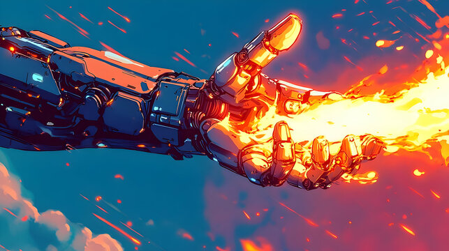 A Mechanical Hand Extends from a Machine with Fire Blazing from the Fingers in a Blue Sky with Red Sparks