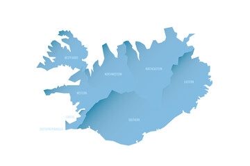 Iceland political map of administrative divisions - regions. Shaded vector map with 3D-like blue gradient and name labels