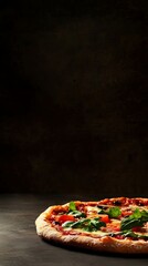 Delicious fresh pizza topped with herbs and vegetables on a dark background, perfect for food lovers and culinary enthusiasts.