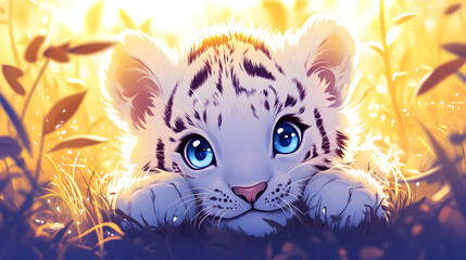 Adorable White Tiger Cub with Big Blue Eyes in the Grass - Nature, Wildlife, Animal, Cute, Baby Animal,  Cartoon, Illustration,  Digital Art, Fantasy