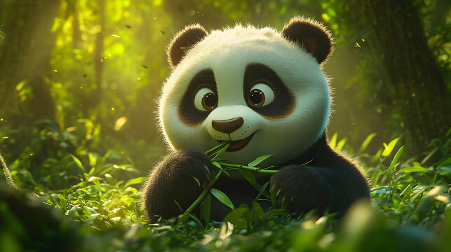 Adorable Panda Bear Eating Bamboo in a Lush Green Forest - A Delightful Animated Scene