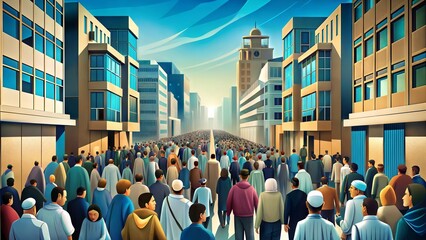 Obraz premium Vibrant Crowd in Colorful Cityscape at Dawn