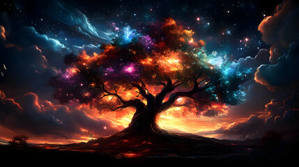 A Majestic Tree Glowing with Cosmic Energy Under a Starry Night Sky, Landscape Video Background with Dramatic Clouds and a Sense of Wonder