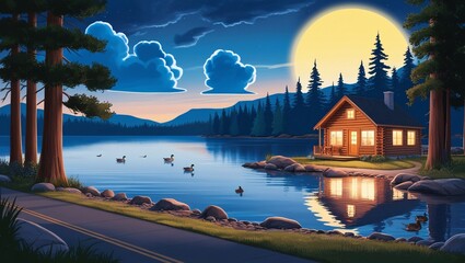 Majestic Tree and Mountains in Vibrant Sunset on A Generative AI Display of Natural Beauty