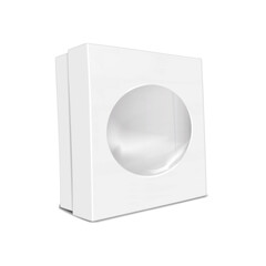 White blank square cardboard box with clear plastic round window separate lift-off lid. Realistic 3d vector mock-up. Carton gift packaging isolated. Mockup. Template for design