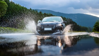Fototapeta premium A black car splashes through a puddle on a scenic road, surrounded by lush trees and dramatic stormy skies.