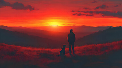 A Man and His Dog Stand Silhouetted Against a Sunset Over Rolling Hills