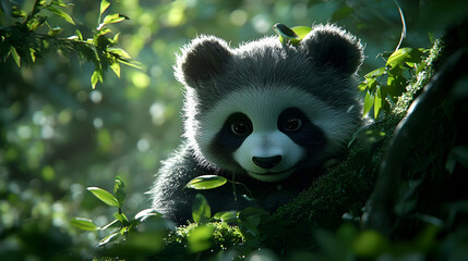 Fototapeta premium Adorable Panda Cub Hiding in Lush Green Foliage, A Close-Up View of a Cute Panda Bear, Surrounded by Foliage in a Forest Setting