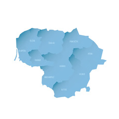 Fototapeta premium Lithuania political map of administrative divisions - counties. Shaded vector map with 3D-like blue gradient and name labels