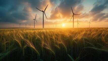 Wind turbines in golden wheat field at sunset with stormy sky