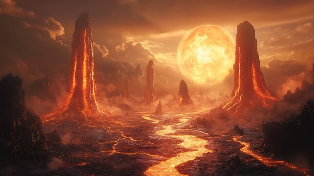 Concept art of volcanic planet with lava rivers towering magma pillars and alien creatures adapted to extreme heat