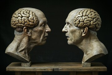 Obraz premium Vascular dementia Precognitive Sculptures of two elderly people with visible brains symbolizing wisdom experience and the enduring intellectual connection in long term relationships