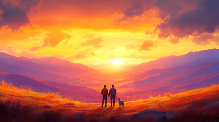 Fototapeta premium Two Figures Standing on a Hilltop, Watching the Sunset Over a Mountain Valley with a Dog