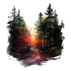 A Winding Forest Path Leading Towards a Sunset