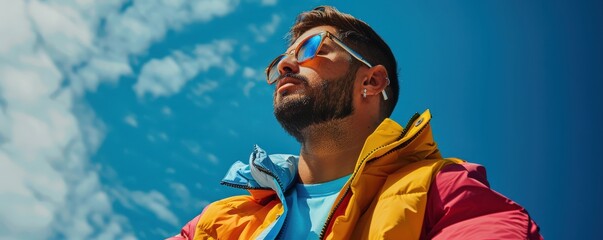 Fototapeta premium Stylish man in a colorful jacket and sunglasses in an urban setting, embracing street fashion.