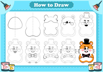 How to draw game for kids, drawing tutorial - cute hamster gentleman character with bow tie. Printable worksheet for children