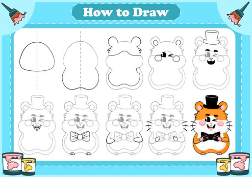 How to draw game for kids, drawing tutorial - cute hamster gentleman character with bow tie. Printable worksheet for children