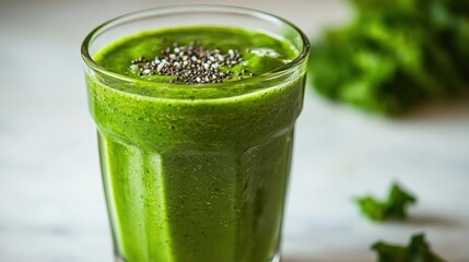 Healthy green smoothie in a clear glass, set on a plain white countertop, natural morning light, plenty of copy space around, No logo, No Trademark, No text
