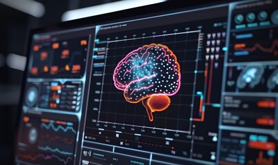 brain scanning hologram on digital screen interface, neural network and neurology science concept, human body research