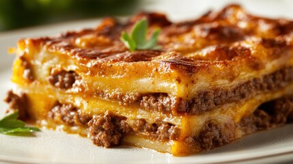 A Close-Up of a Single Slice of Lasagna on a White Plate