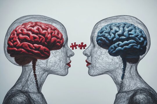 CTE Precognitive Profile of two heads with interconnected brain patterns and puzzle pieces symbolizing the process of solving complex thoughts and mutual understanding
