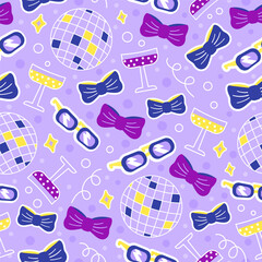 Disco party seamless pattern for print or design on light purple background with bow tie, drinks and glasses, let's celebrate ornament