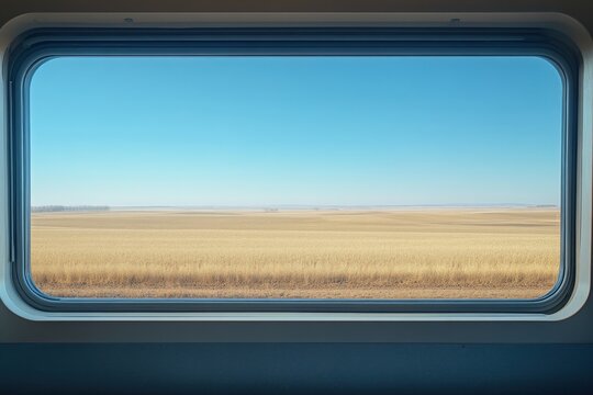 Simple window view from inside a train, clear blue sky and landscape, large area of empty space surrounding the scene, No logo, No Trademark, No text