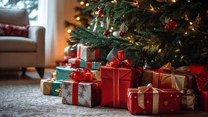 wrapped Christmas gifts with shiny ribbons and bows stacked under a evergreen tree in a cozy living room