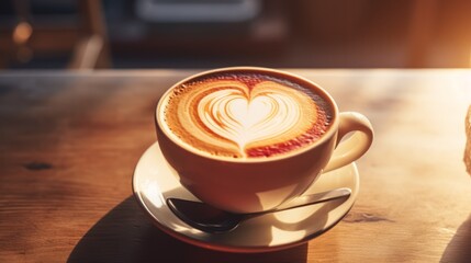 Latte coffee cup with heart shaped topping on table. Neural network ai generated art
