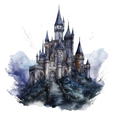 Obraz premium Watercolor Painting of a Majestic Stone Castle on a Hillside