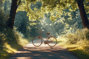 Fototapeta premium Simple family bicycle on a clean path, soft sunlight filtering through trees, large empty space for text, No logo, No Trademark, No text