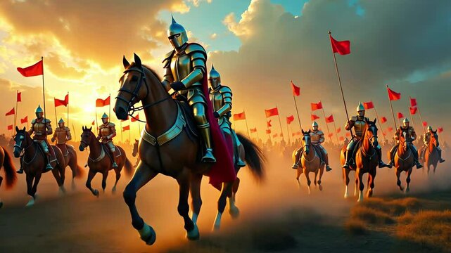 Epic Historical Battle Scene with Medieval Cavalry Charge at Sunset
