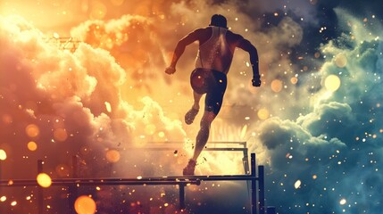 athlete man running and jumping at championship, run and jumps sport concept, olympic games