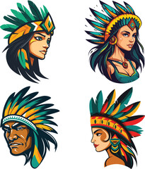 Vector Graphics Depicting Native Brazilian Men and Women in Traditional Attire