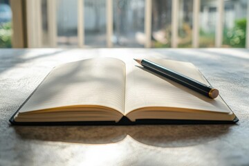Single pencil resting on an open notebook, minimalistic scene with soft natural light, large blank space surrounding it, No logo, No Trademark, No text