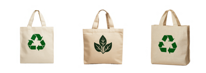 Set of three eco-friendly reusable bags with green recycling and leaf symbols, isolated on a transparent background