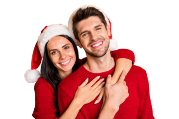 Portrait of two charming people spouses have idyllic family hug piggyback wear red sweater isolated over yellow background