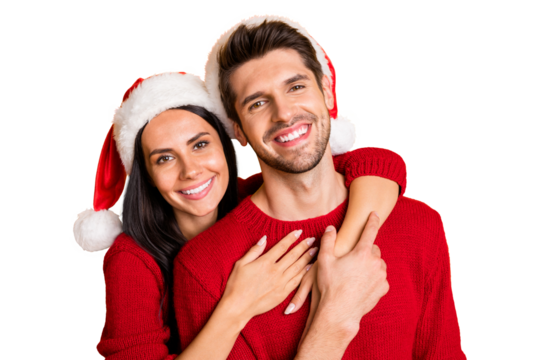 Portrait of two charming people spouses have idyllic family hug piggyback wear red sweater isolated over yellow background