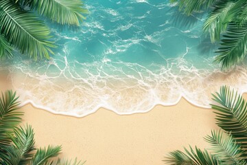 summer beach background of sand, sea and palm leaves , ai
