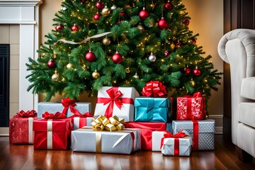 wrapped Christmas gifts with shiny ribbons and bows stacked under a evergreen tree in a cozy living room