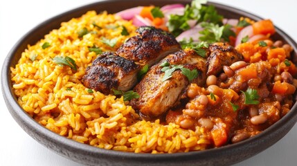 Fototapeta premium Chicken, Rice, and Beans Bowl with Parsley and Onion Garnish