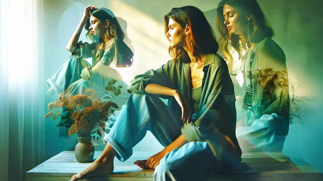 Contemplative Young Woman with Multiple Reflections. Mental health, disorder and mental problems