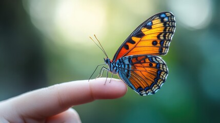 Obraz premium Simple butterfly perched on a childâ€™s finger, gentle natural light, ample empty space around for copy, No logo, No Trademark, No text
