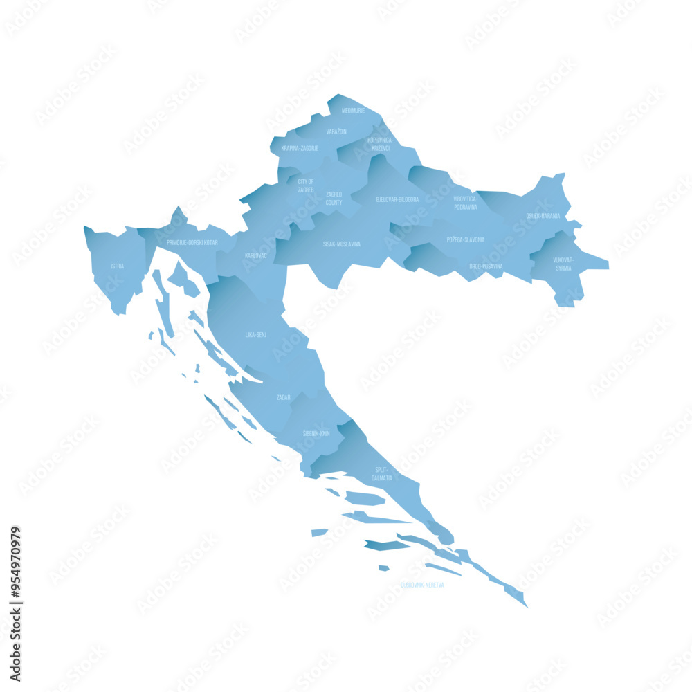 Sticker croatia political map of administrative divisions - counties. shaded vector map with 3d-like blue gr