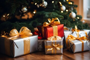 wrapped Christmas gifts with shiny ribbons and bows stacked under a evergreen tree in a cozy living room